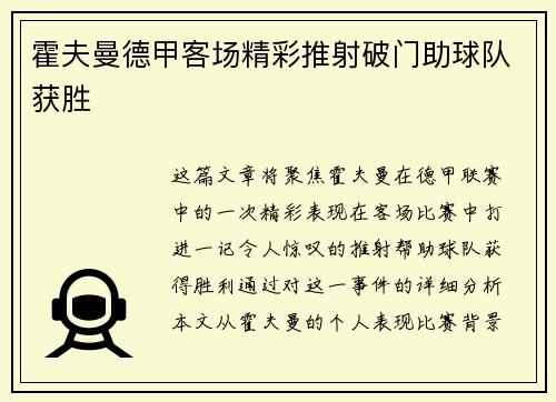霍夫曼德甲客场精彩推射破门助球队获胜 霍夫曼德甲客场精彩推射破门助球队获胜